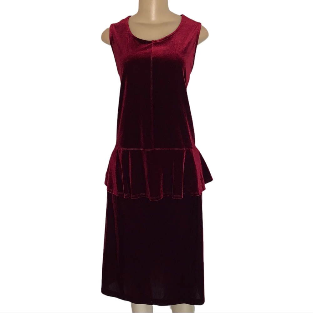 NWOT Maroon Red Velvet Peplum Midi Skirt Outfit